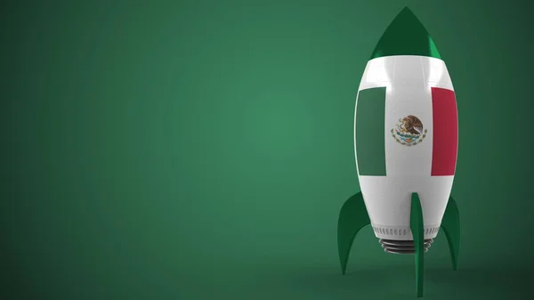 Bandera de México en cohete de juguete. Representación 3D conceptual relacionada con hitech mexicano o programa espacial —  Fotos de Stock