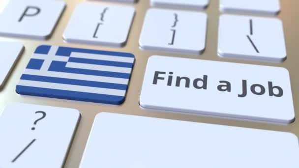 FIND A JOB text and flag of Greece on the buttons on the computer keyboard. Employment related conceptual 3D animation — Stock Video