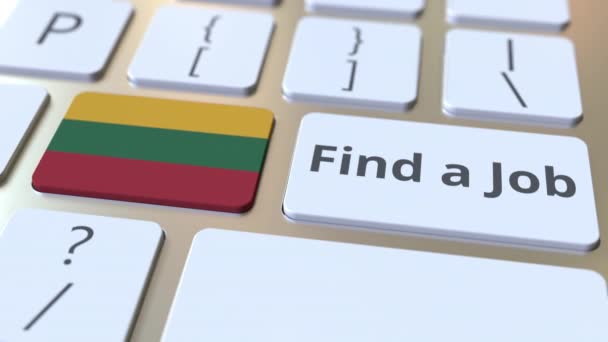 TROUVER UN EMPLOI texte et drapeau de Lituanie sur les boutons du clavier de l'ordinateur. Animation 3D conceptuelle liée à l'emploi — Video