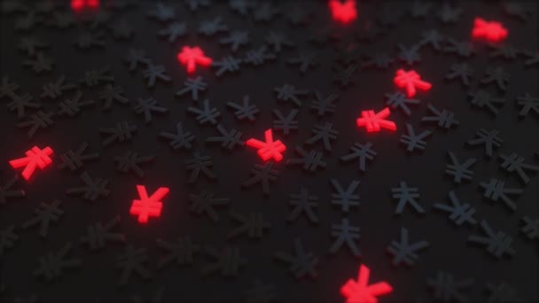 Brilhando vermelho Yen japonês sinais entre os símbolos EUR pretos. Animação 3D conceitual — Vídeo de Stock