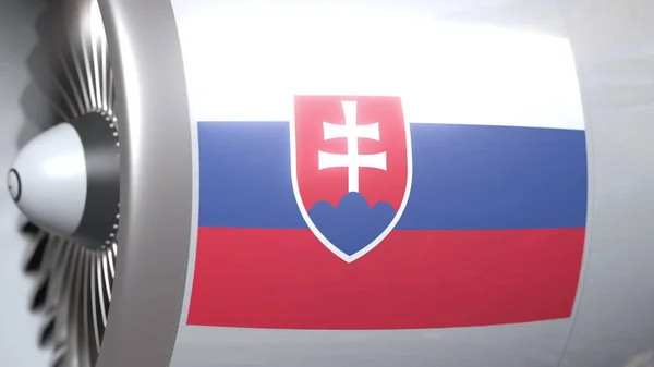 Багато розмахуючи прапором Словаччини на літаку турмбайн двигуна. Авіаційні пов'язані 3D-рендеринга — стокове фото