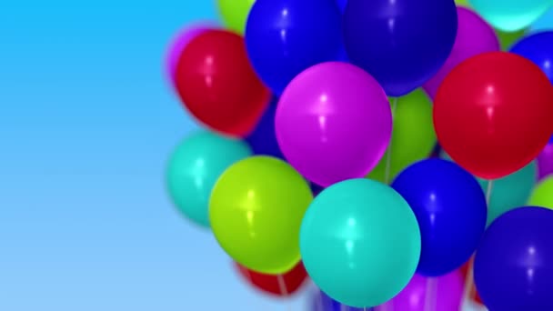 Много гелиевых шариков против голубого неба. 3D анимация — стоковое видео