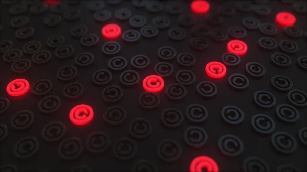 Gloeiende rode copyright symbolen onder zwarte borden. Conceptuele 3D-rendering — Stockfoto