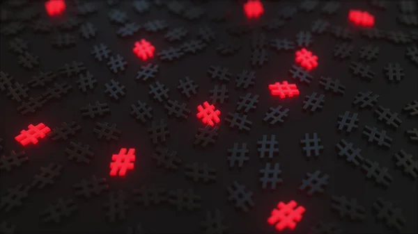 黒いシンボルのハッシュ記号で赤く輝いています。概念的な 3D レンダリング — ストック写真