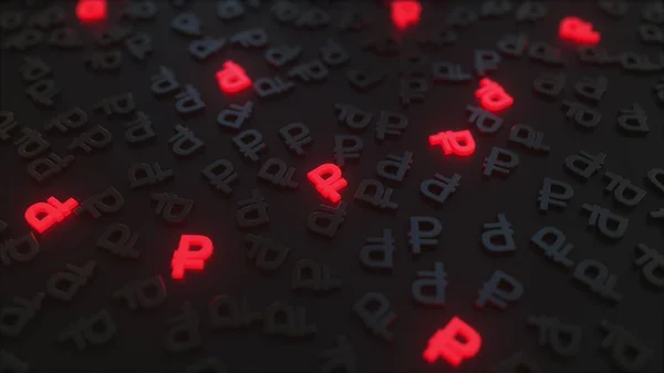 黒いRurシンボルの中で赤いルーブルの看板が輝いています。概念的な 3D レンダリング — ストック写真