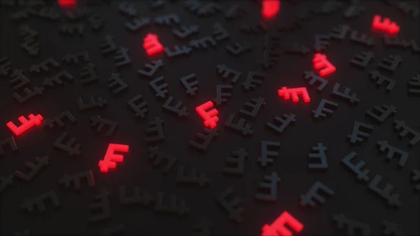 Glödande röda schweiziska franc tecken bland svarta CHF-symboler. Konceptuell 3D-rendering — Stockfoto