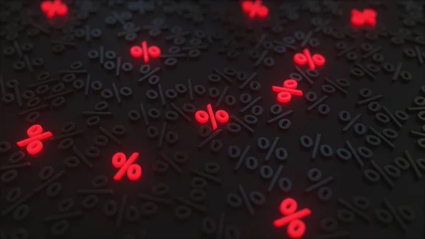 Świecące czerwone znaki procentowe wśród czarnych symboli. Koncepcyjny rendering 3D — Zdjęcie stockowe