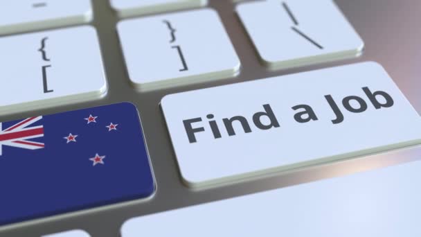 Zoek een vacaturetekst en vlag van Nieuw-Zeeland op de knoppen op het toetsenbord van de computer. Conceptuele 3D-animatie met betrekking tot werkgelegenheid — Stockvideo