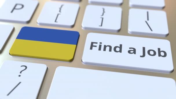 Finden Sie einen Job-Text und die Flagge der Ukraine auf den Tasten auf der Computertastatur. Beschäftigungsbezogene konzeptionelle 3D-Animation — Stockvideo