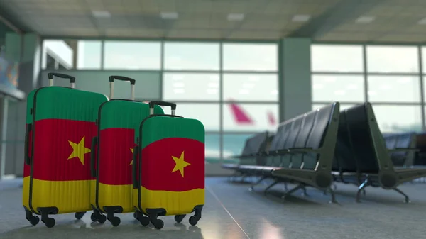 Дорожні валізи з прапором Камеруну. Камеронівський туризм концептуальне 3D рендеринга — стокове фото