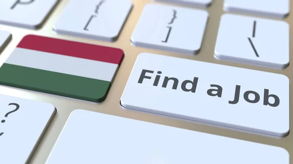 ENCUENTRA UN TRABAJO de texto y la bandera de Hungría en los botones del teclado de la computadora. Representación 3D conceptual relacionada con el empleo — Foto de Stock