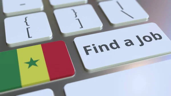 ENCUENTRA UN texto JOB y la bandera de Senegal en los botones del teclado de la computadora. Representación 3D conceptual relacionada con el empleo — Foto de Stock