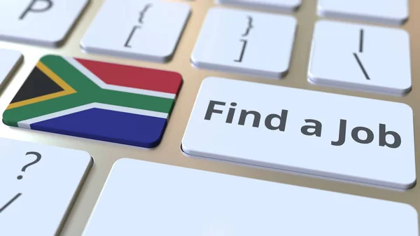 Bilgisayar klavyesindeki düğmelerde Bir İş metnini ve Güney Afrika bayrağını bulun. İstihdam ile ilgili kavramsal 3d render — Stok fotoğraf