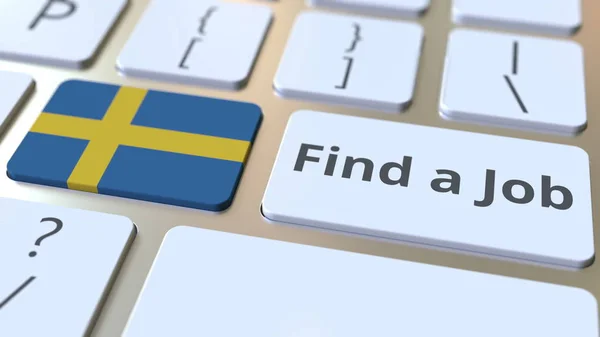 Na tlačítkách na klávesnici počítače Najděte text úlohy a vlajku Švédska. Koncepční prostorové vykreslování související s zaměstnaností — Stock fotografie