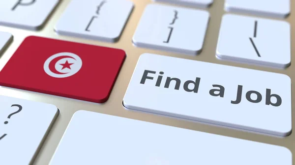 Encontrar um texto JOB e bandeira da Tunísia nos botões no teclado do computador. Renderização 3D conceitual relacionada ao emprego — Fotografia de Stock