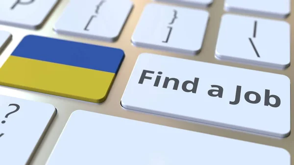 Encontrar um texto JOB e bandeira da Ucrânia nos botões no teclado do computador. Renderização 3D conceitual relacionada ao emprego — Fotografia de Stock