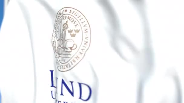 Bandiera sventolante con emblema dell'Università di Lund, primo piano. Animazione 3D loop editoriale — Video Stock