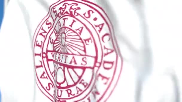 Bandeira voadora com emblema da Universidade de Uppsala, close-up. Editorial loopable animação 3D — Vídeo de Stock