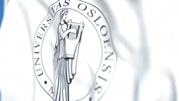 Bandeira acenando com emblema da Universidade de Oslo, close-up. Editorial loopable animação 3D — Vídeo de Stock