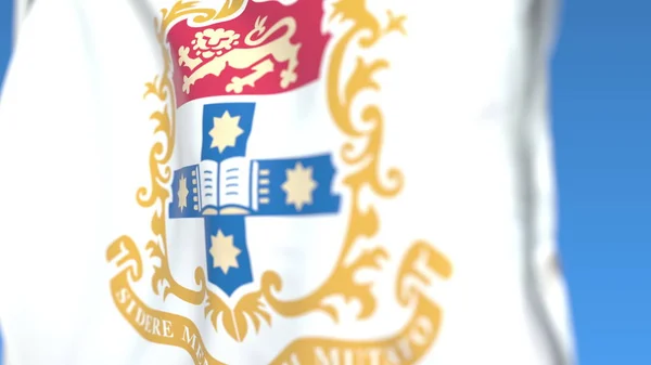 Bandeira voadora com emblema da Universidade de Sydney, close-up. Renderização 3D editorial — Fotografia de Stock