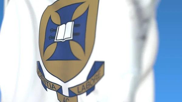 Repülő zászló a queenslandi Egyetemen embléma, közelkép. Szerkesztőségi 3D renderelés — Stock Fotó