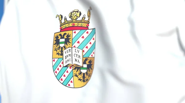 Bandeira voadora com emblema da Universidade de Groningen, close-up. Renderização 3D editorial — Fotografia de Stock