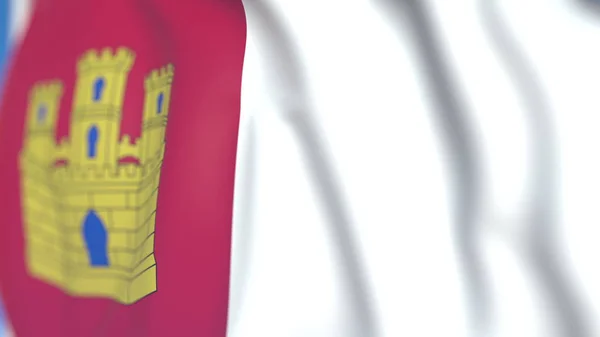 Vliegende vlag van Castilla-La Mancha, een autonome gemeenschap in Spanje. Close-up, 3D-rendering — Stockfoto