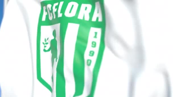Viftande flagga med FC Flora Football Club logotyp, närbild. Redaktionell loopable 3D-animering — Stockvideo