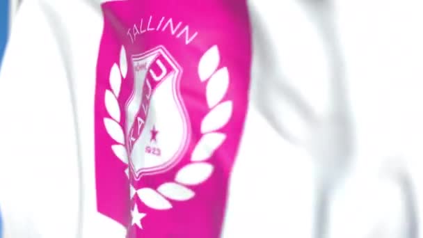 Viftande flagga med Nomme Kalju FC Football Club logo, närbild. Redaktionell loopable 3D-animering — Stockvideo