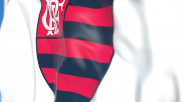 Bandiera sventolante con logo della società calcistica Clube De Regatas Do Flamengo, primo piano. Animazione 3D loop editoriale — Video Stock
