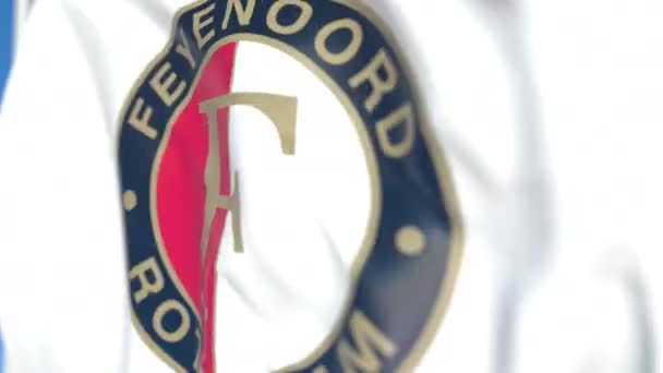 Zwaaiende vlag met Feyenoord voetbalclub logo, close-up. Redactionele loop bare 3D-animatie — Stockvideo