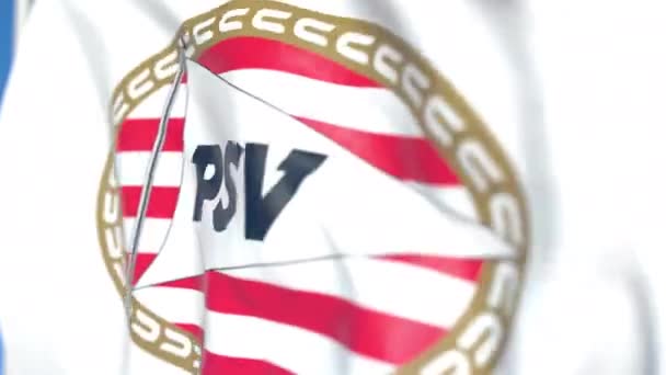 Viftande flagga med PSV Eindhoven Football Club logo, närbild. Redaktionell loopable 3D-animering — Stockvideo