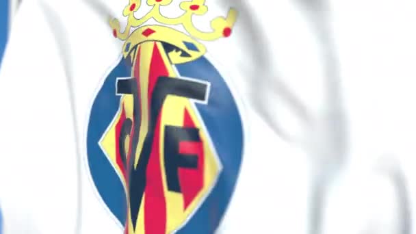 Bandeira voadora com logotipo Villarreal clube de futebol, close-up. Editorial loopable animação 3D — Vídeo de Stock