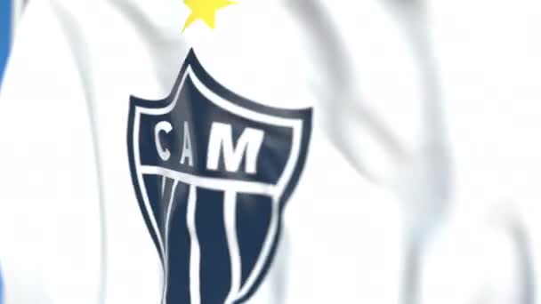 Flying flag with Clube Atletico Mineiro football club logo, close-up. Editorial loopable 3D animation — Stock Video