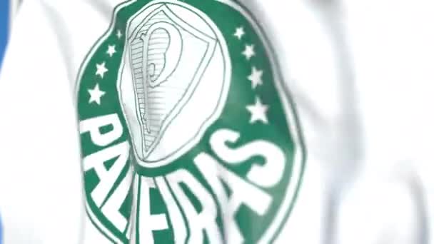 Viftande flagga med Palmeiras Football Club logotyp, närbild. Redaktionell loopable 3D-animering — Stockvideo