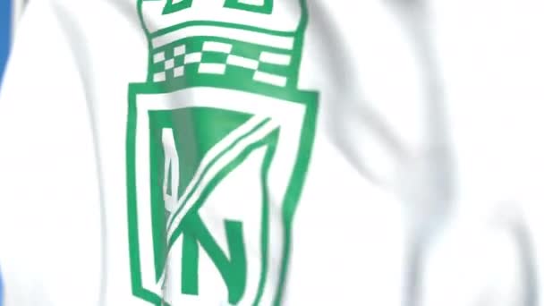 Mávající vlajka s logem Atletico Nacional, zblízka. Redakční smykliatelná 3D animace — Stock video