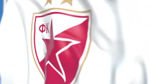 Flying flag z logo klubu piłkarskiego Crvena Zvezda, zbliżenie. Redakcyjnej pętli animacji 3D — Wideo stockowe