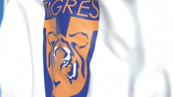 Flying flag z logo klubu piłkarskiego Tigres UANL, zbliżenie. Redakcyjnej pętli animacji 3D — Wideo stockowe