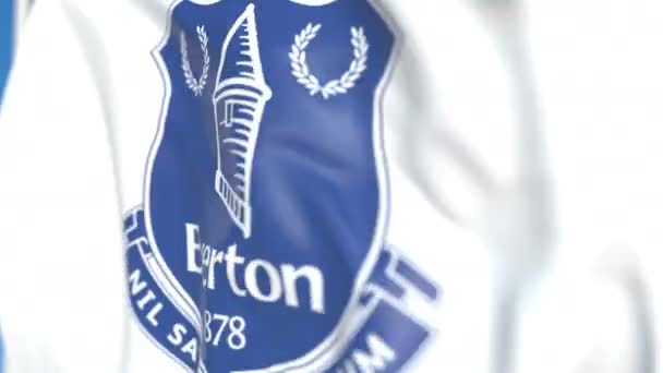 Drapeau volant avec logo du club de football Everton FC, gros plan. Animation 3D en boucle éditoriale — Video