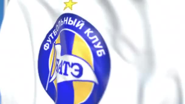 Fc Bate Borisov futbol kulübü logosu ile uçan bayrak, yakın çekim. Editoryal döngülü 3d animasyon — Stok video