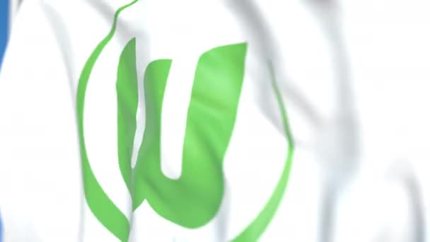 飘扬的旗帜与Vfl沃尔夫斯堡足球俱乐部的标志,特写。编辑可循环 3D 动画 — 图库视频影像