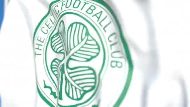 Viftande flagga med Celtic Football Club logotyp, närbild. Redaktionell loopable 3D-animering — Stockvideo