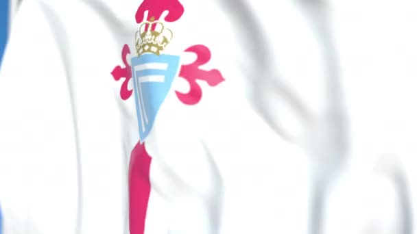 Viftande flagga med Celta Vigo Football Club logo, närbild. Redaktionell loopable 3D-animering — Stockvideo