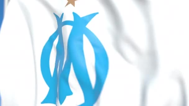 Viftande flagga med Olympique de Marseille Football Club logo, närbild. Redaktionell loopable 3D-animering — Stockvideo