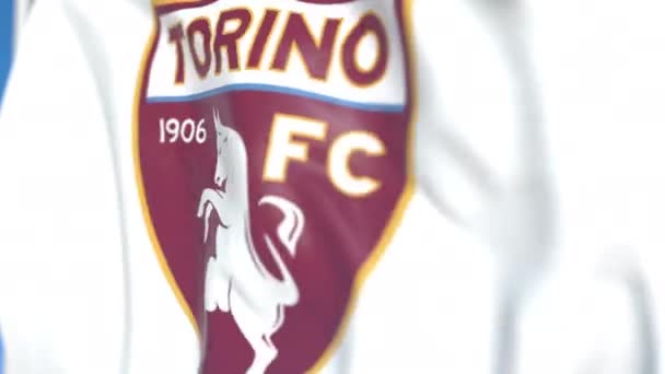 Flying Flag med Torino FC Football Club logo, närbild. Redaktionell loopable 3D-animering — Stockvideo