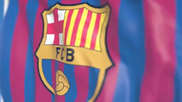 Mávnutím vlajky s logem barcelonského fotbalového týmu, zblízka. Redakční smykliatelná 3D animace — Stock video