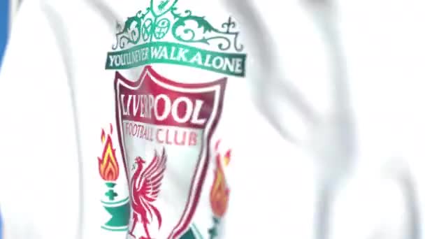 Mávající vlajka s logem liverpoolské fotbalové reprezentace, zblízka. Redakční smykliatelná 3D animace — Stock video