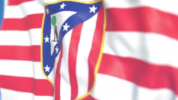 아틀레티코 마드리드 축구 팀 로고와 깃발을 흔들며, 클로즈업. 에디토리얼 루프 가능 3D 애니메이션 — 비디오