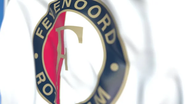Drapeau arborant le logo du club de football Feyenoord, gros plan. Editorial rendu 3D — Photo