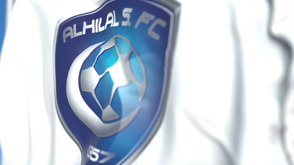 Falowanie flaga z logo klubu piłkarskiego Al Hilal FC, zbliżenie. Redakcja renderowania 3D — Zdjęcie stockowe